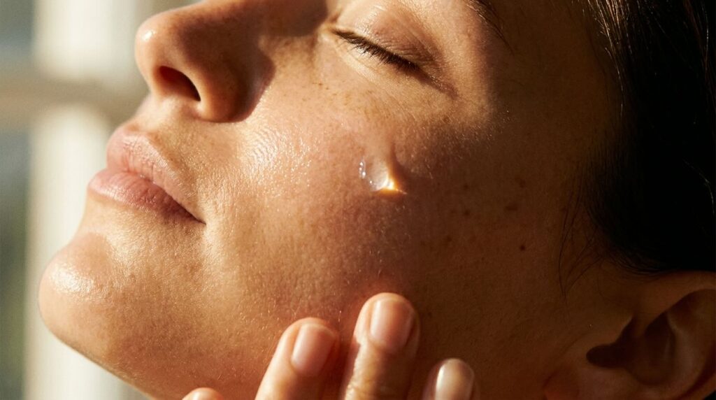 Serum droplet on damp cheek during morning skincare layering in warm close-up