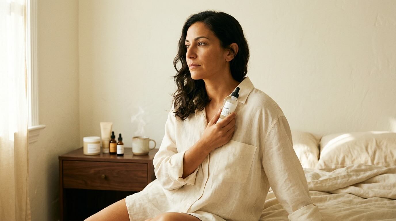 Anti-aging routine under 75 dollars: woman in her 40s holding a serum bottle in soft bedroom morning light