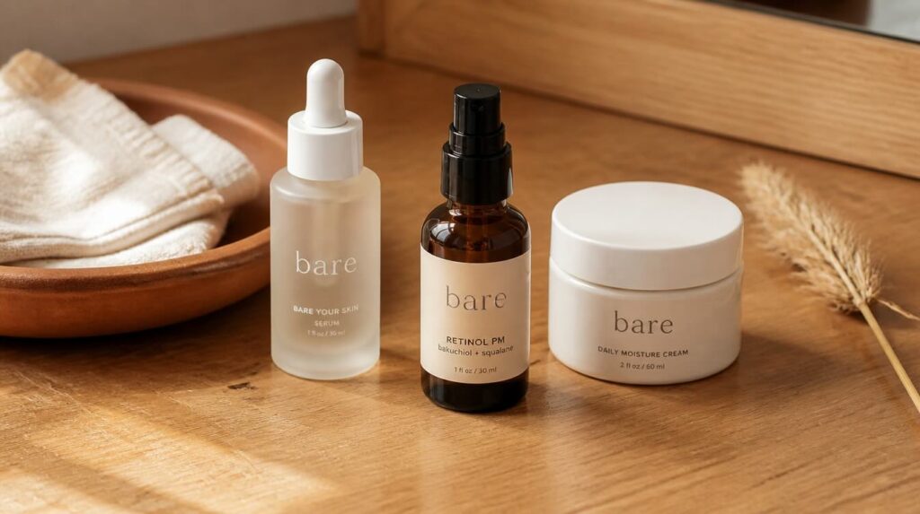 Anti-aging routine under 75 dollars: woman in her 40s holding a serum bottle in soft bedroom morning light
