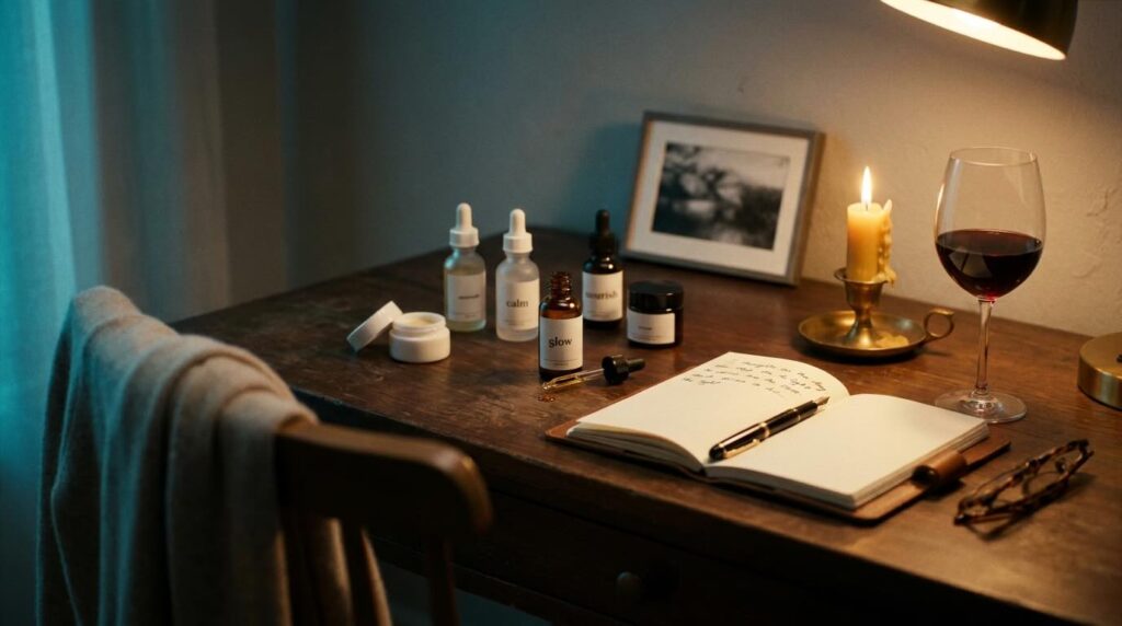 Late evening vintage writing desk with skincare bottles, open journal, lit candle, and a cashmere cardigan draped over the chair, lit by warm lamplight