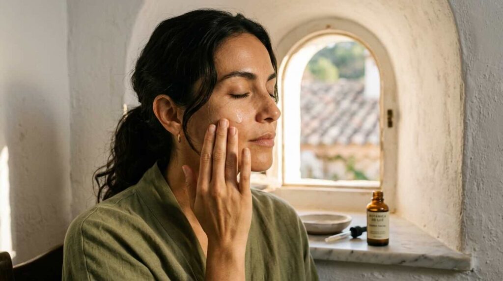 Editorial close-up portrait of a Mexican-Italian woman in her mid 30s pressing pale ivory serum into the side of her cheek with two fingertips in golden afternoon light in a Mediterranean bathroom corner with whitewashed plaster walls and an arched window