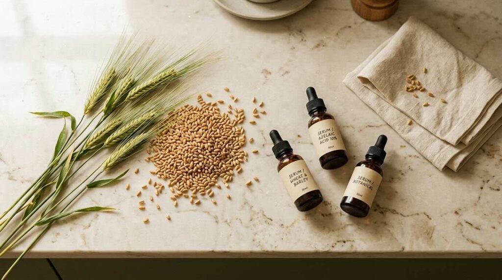 Aesthetic overhead still-life of fresh barley stalks and golden wheat grains scattered on warm cream marble with three small amber-glass azelaic acid serum dropper bottles in soft morning window light showing the natural agricultural origin of the active ingredient