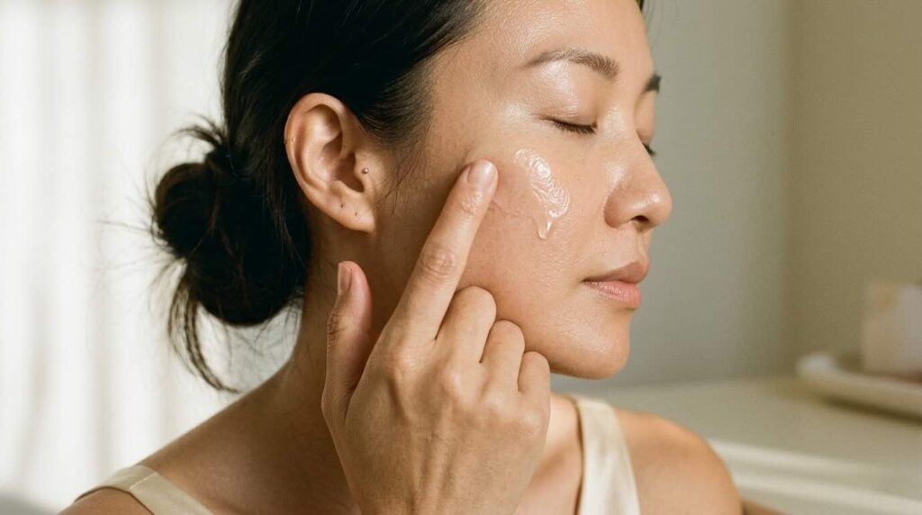 Editorial close-up portrait of a Korean woman in her late 30s in pure profile applying snail mucin essence to her high cheekbone with her ring finger her cheek catching the characteristic glass-skin luminosity in soft morning window light against a pale warm cream wall