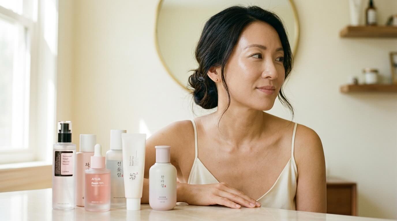 Editorial three-quarter portrait of a Korean-American woman in her early 40s seated at her vanity in soft morning light with multiple K-beauty bottles arrayed in front of her her cheekbone catching the characteristic glass-skin luminosity against a warm cream wall