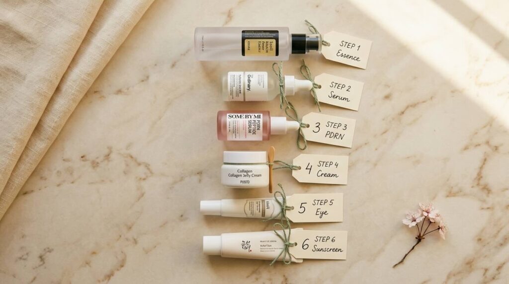 Aesthetic overhead flat-lay on warm cream marble of six K-beauty bottles arranged in a precise vertical column showing the layering order with small handwritten cream paper tags labelling each step from one to six tied with sage twine in soft afternoon light
