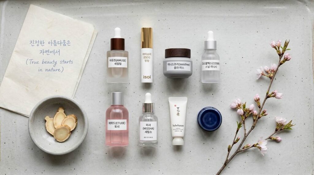 Aesthetic overhead flat-lay on pale grey ceramic surface of a Seoul anti-aging stack arranged in a precise grid with eight K-beauty product bottles in glass and pastel packaging beside a small bowl of fresh ginseng root and a single sprig of cherry blossom on hanji paper in soft north light