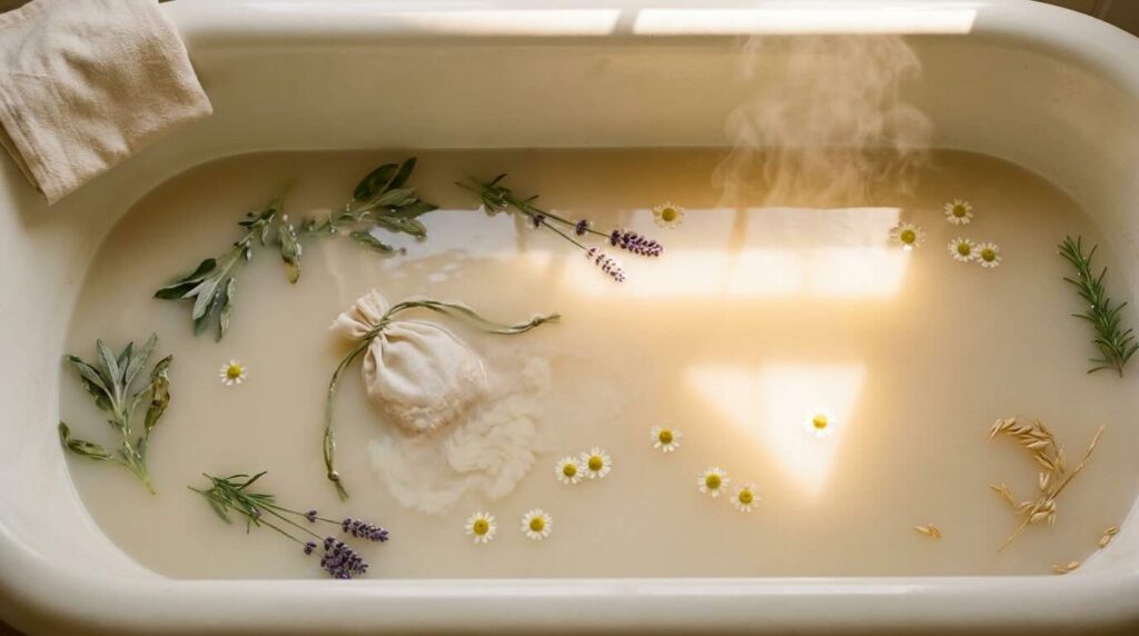 Aesthetic overhead close-up of the surface of a warm milky bath with floating sprigs of fresh sage, lavender, chamomile flowers, and a small muslin pouch of colloidal oats, photographed in soft warm window light