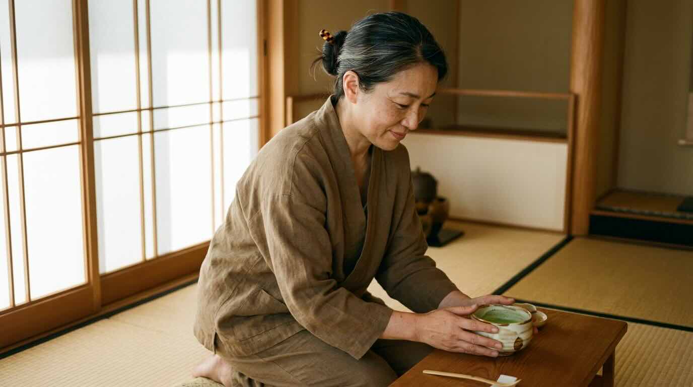 Editorial portrait of an East Asian woman in her late 40s with grey-streaked dark hair kneeling on a tatami mat preparing matcha tea in a small ceramic bowl in soft afternoon light through paper screens in a Japanese ryokan tea room