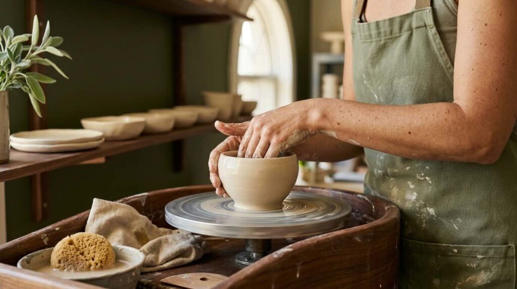 Aesthetic close-up of a woman's hands working a small cream ceramic bowl on a pottery wheel with fresh clay, with finished ceramic dishes drying on a warm wooden shelf in soft afternoon light from a studio window