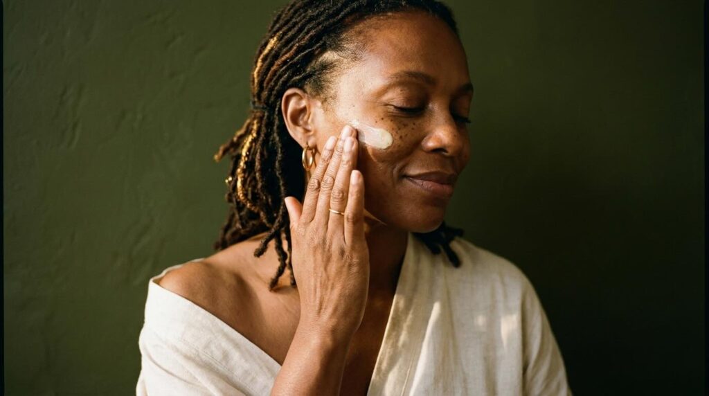 Editorial portrait of a Black woman in her late 40s with locs gathered behind one ear gently pressing a pale cream-coloured peptide moisturiser into her cheekbone with eyes softly closed, photographed in warm morning light against a deep olive wall
