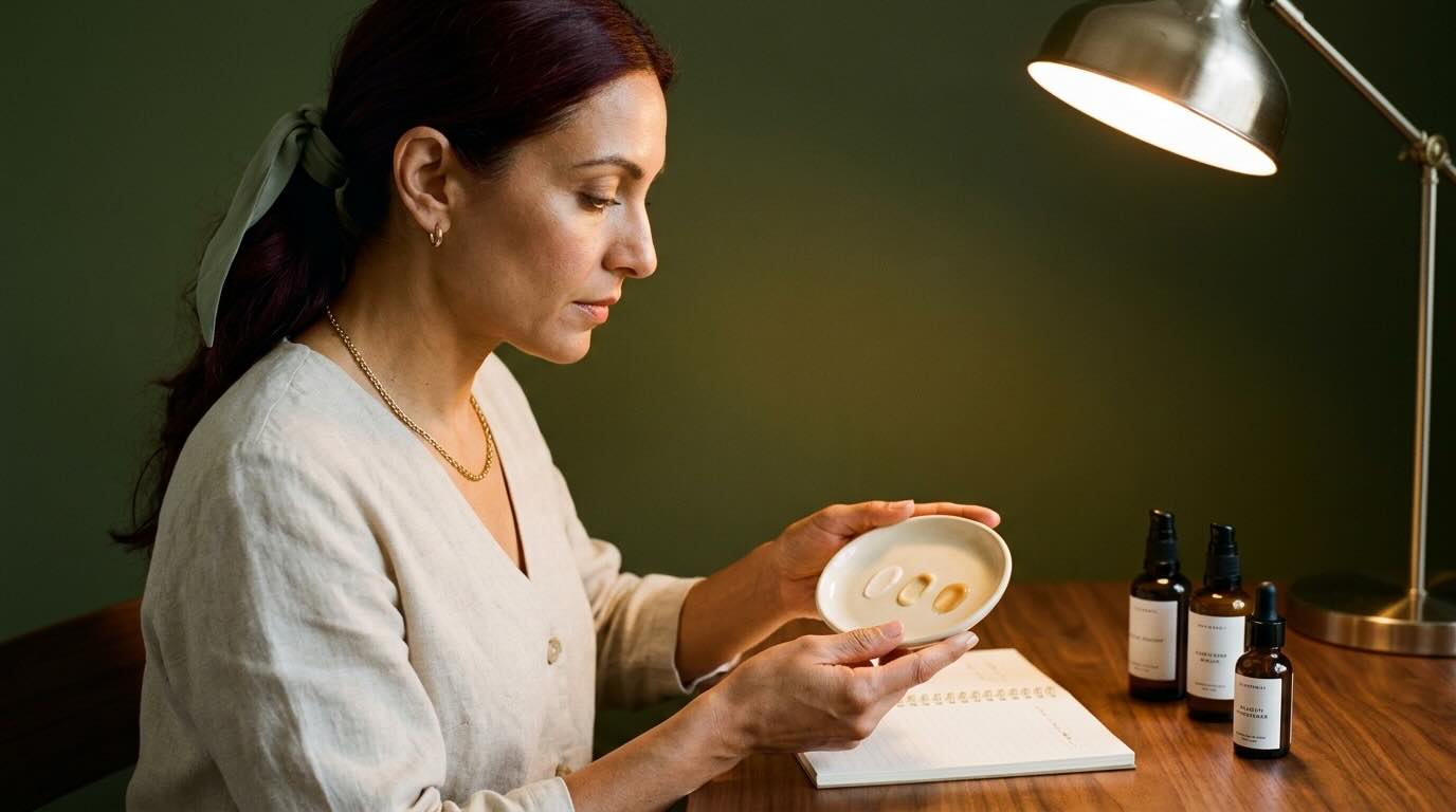 Editorial portrait of an auburn-haired woman in her 40s at her testing desk holding a small ceramic dish with three pale peptide swatches, focused on comparison, with product bottles softly out of focus on warm walnut wood against a deep olive wall