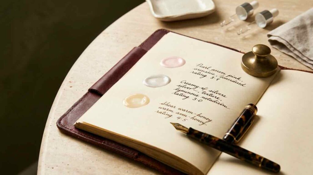 Editorial close-up of an open tester's notebook with three pale peptide product swatches done directly on the cream parchment page beside handwritten ingredient notes in fountain-pen ink
