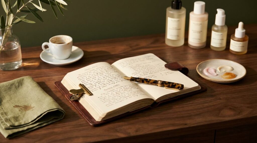 Aesthetic close-up of an open leather-bound tester's notebook with handwritten skincare notes, a fountain pen, a small ceramic dish of pale peptide swatches, and four product bottles softly out of focus on warm walnut wood in golden afternoon light