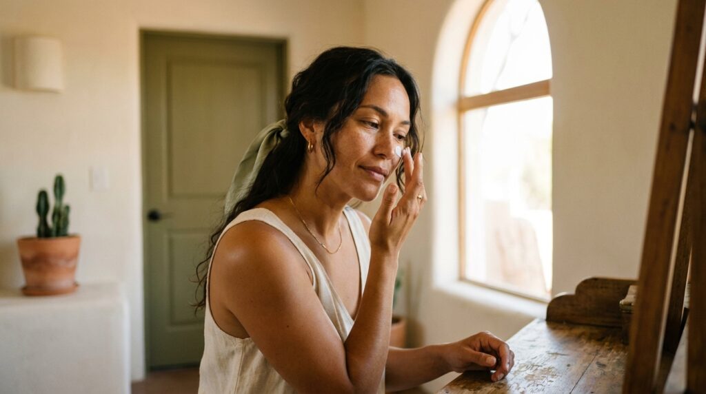 Editorial portrait of a Latina woman in her mid 30s with dark wavy hair gathered loosely back, gently pressing under-eye cream into the orbital bone with her ring finger in a sunlit Mexican adobe interior with warm cream stucco walls and terracotta accents