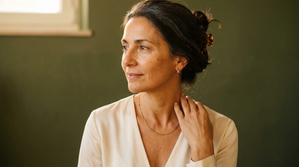 Editorial three-quarter portrait of an Italian woman in her early 50s with natural silver-streaked dark hair in a low chignon, soft warm morning light highlighting the elegant under-eye area with real fine lines, against a deep olive wall