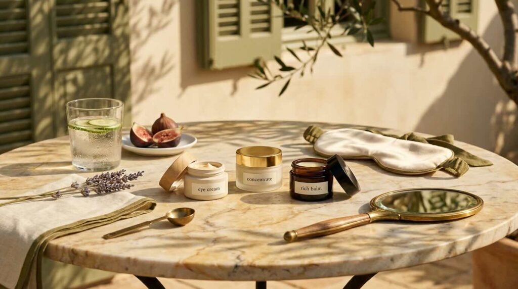 Aesthetic close-up of luxury under-eye creams arranged on a small Mediterranean garden table at golden afternoon with a glass of cucumber water, a folded silk eye mask, an antique brass hand mirror laid face down, and a single sprig of dried lavender in dappled olive tree light