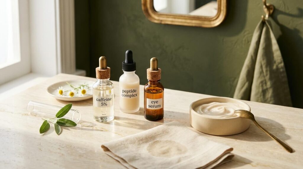 Aesthetic close-up of three under-eye treatment dropper bottles and a small ceramic dish of pale eye cream on warm cream marble with a folded warm linen square and a sprig of fresh sage in soft morning window light