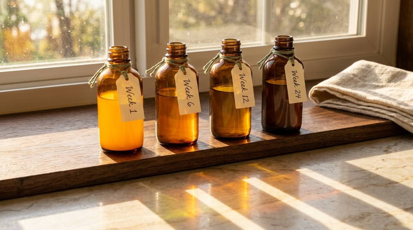 Row of four vintage glass apothecary bottles on a windowsill at golden hour, each holding the same vitamin C serum in a different stage of oxidation from bright orange to dark brown, backlit by morning sun casting coloured light across a warm cream marble surface