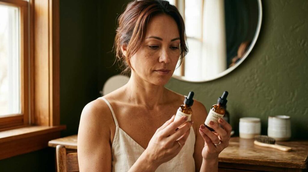 Editorial close-up portrait of a Brazilian-Japanese woman in her early 40s with auburn-streaked dark hair examining two small amber dropper bottles of peptide serum at her vanity in soft warm window light against a deep olive wall