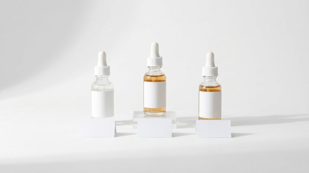Three budget dark spot serums lined up against a clean white backdrop with small price tags