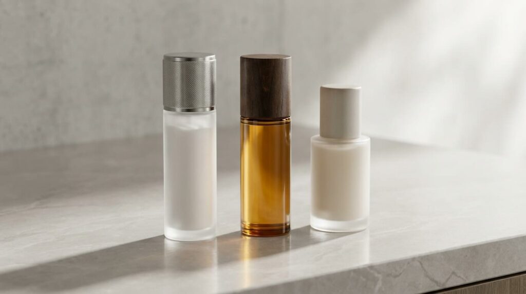 Three luxury dark spot serums standing side by side in soft daylight against a pale grey background