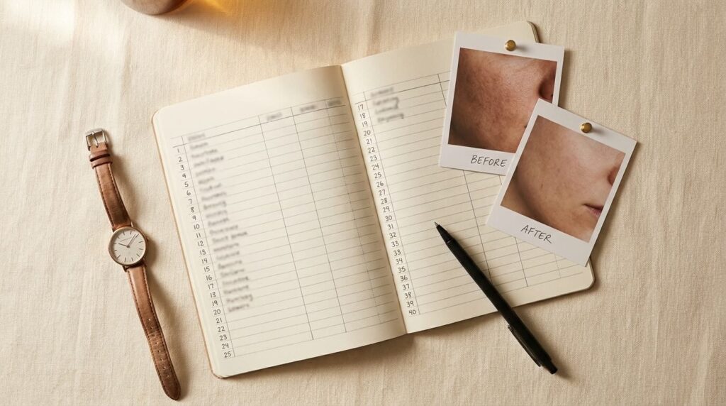 Open spreadsheet and two side-by-side progress photos of skin on a cream desk, suggesting careful tracking over months