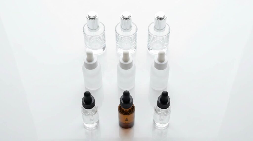 Nine dark spot corrector serums arranged in three price-tier rows on a clean white surface