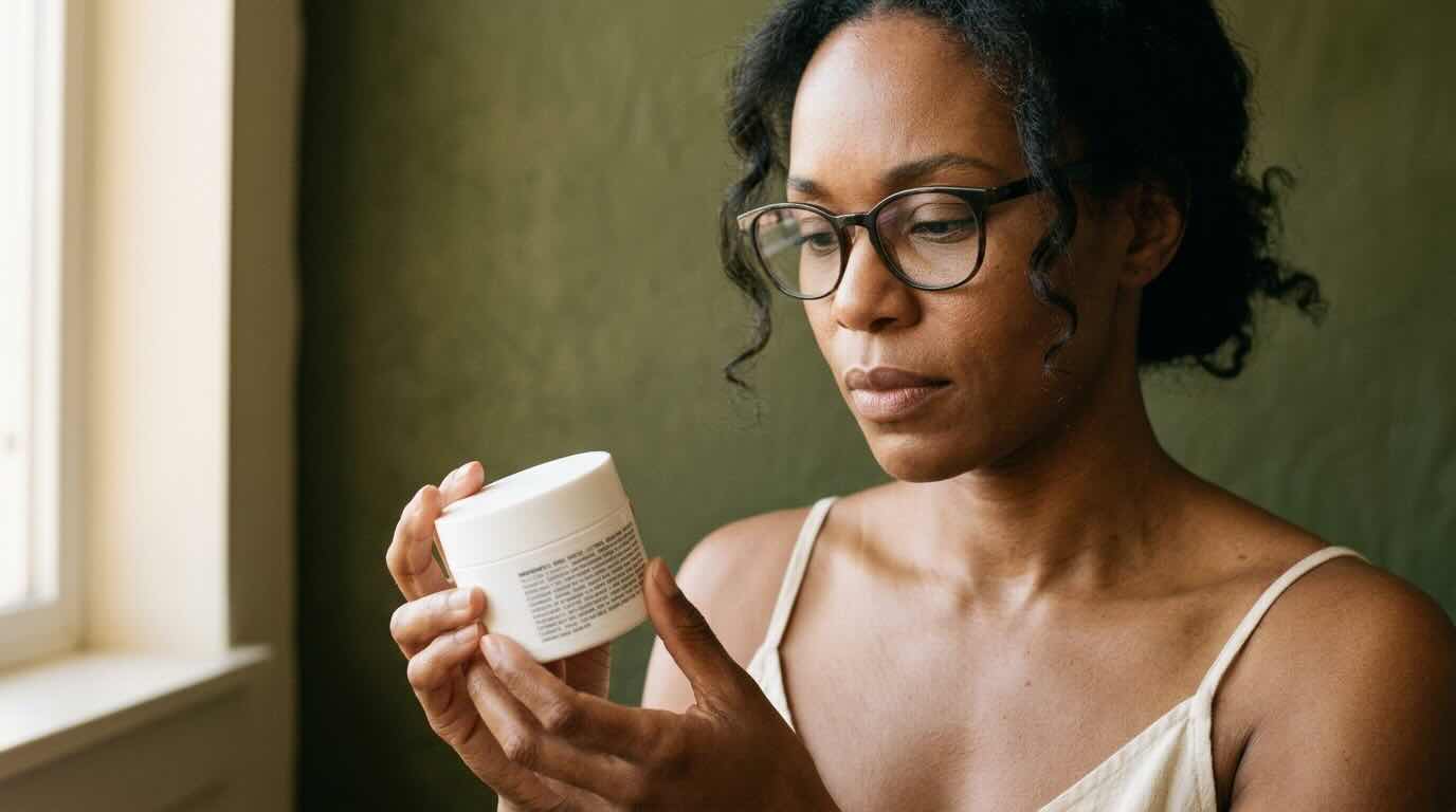 Editorial close-up portrait of a thoughtful Black woman in her late 30s reading the INCI ingredient list on the back of a white moisturiser bottle in soft warm window light against a deep olive wall