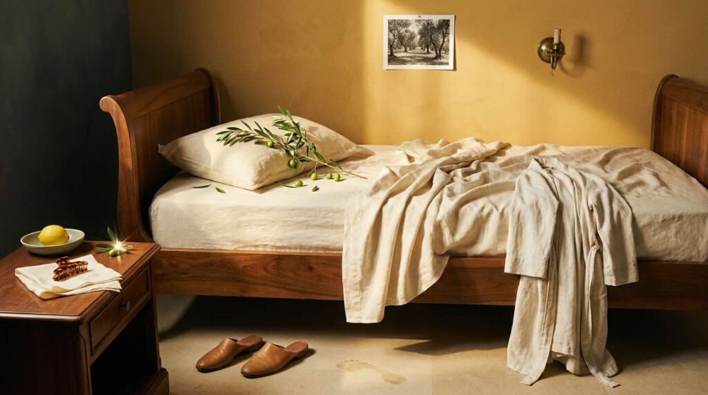 An unmade bed with rumpled cream linen sheets in saturated honey-gold afternoon light, with a fresh olive branch laid across the pillow, a folded damp linen robe, and a tortoiseshell hair clip on the bedside, photographed in painterly editorial style