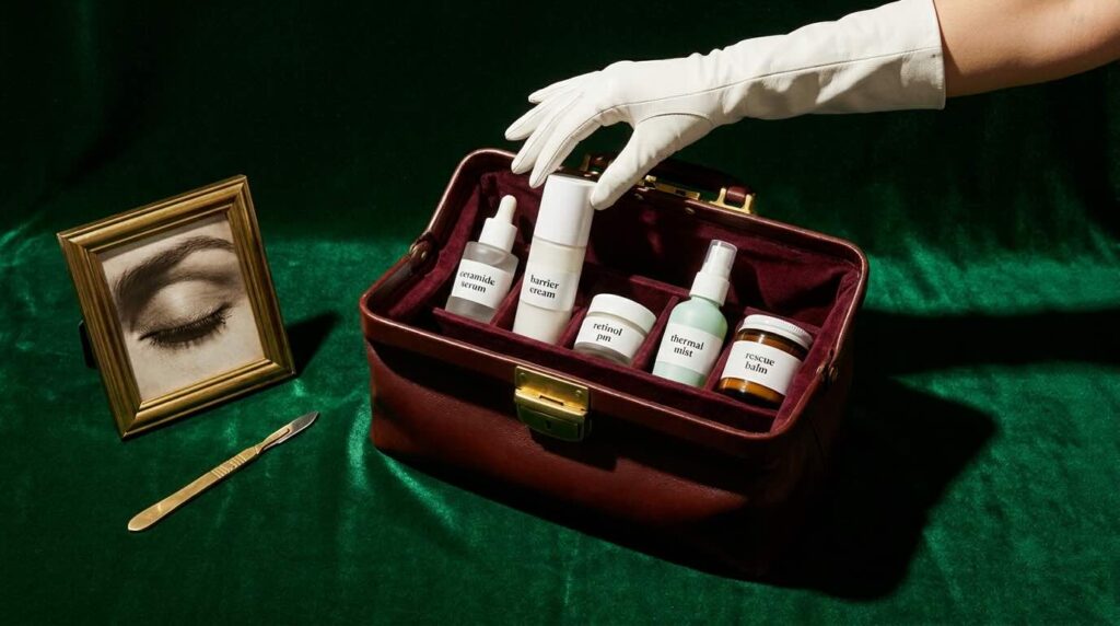 Vintage oxblood doctor's bag opened against an emerald velvet surface, with French pharmacy skincare bottles arranged like surgical instruments and a single white-gloved hand reaching in, photographed in saturated editorial style