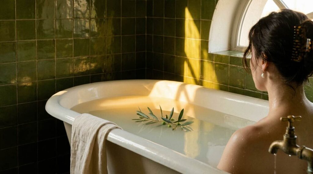 A claw-foot bathtub filled with milky mineral thermal water against a deep olive tiled wall, with a fresh olive branch floating on the surface and a single porcelain-skinned shoulder rising from the water in theatrical light