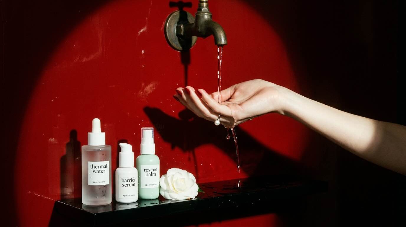 Mineral water cascading from an antique brass spigot in a saturated crimson wall, with a porcelain-skinned hand and three French pharmacy skincare bottles arranged like fetish objects beneath the flow, photographed in painterly editorial style