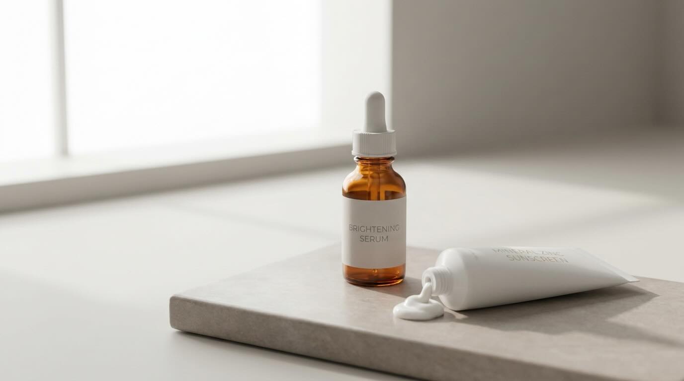Brightening serum and mineral sunscreen on a soft taupe surface in diffused morning light
