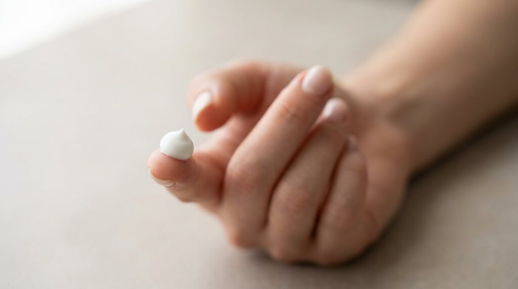 A pea-sized dot of mineral zinc sunscreen on a fingertip with a stone surface in the background