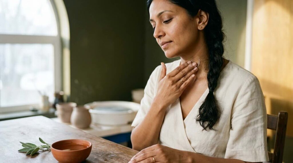 Editorial portrait of a South Asian woman in her early 40s with a long loose dark braid over her shoulder, seated at a worn walnut atelier table in soft north-light, gently pressing cream into the side of her neck