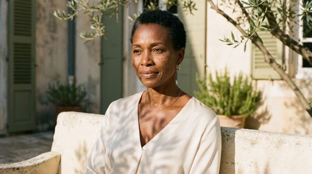Editorial portrait of a Black woman in her late 40s with close-cropped natural hair seated on a weathered stone bench in a sunlit Mediterranean garden, wearing a cream silk V-neck blouse with the afternoon sun catching the curve of her bare neck and collarbone. decolletage