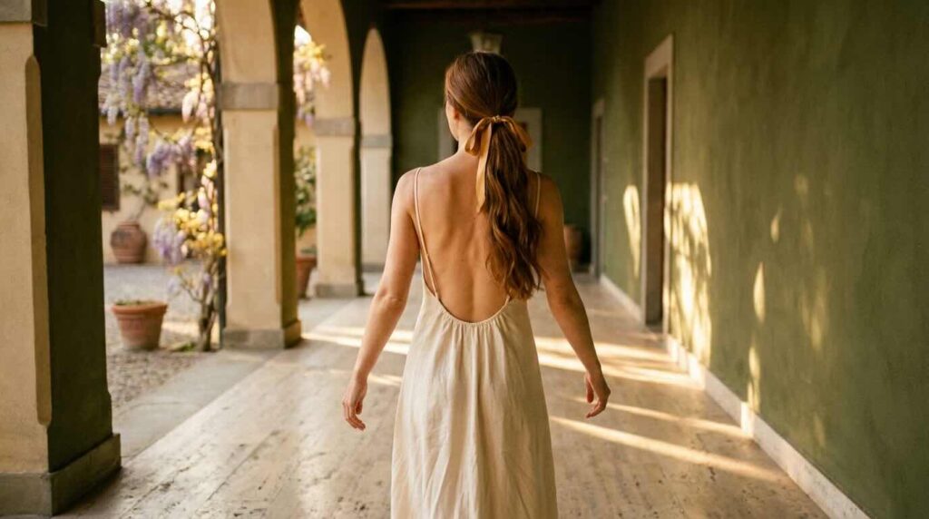 Cinematic editorial of a woman walking through a sunlit colonnaded corridor of an Italian villa in a long flowing cream linen dress with a low scoop back exposing her shoulders and upper back in warm late-afternoon light. decolletage