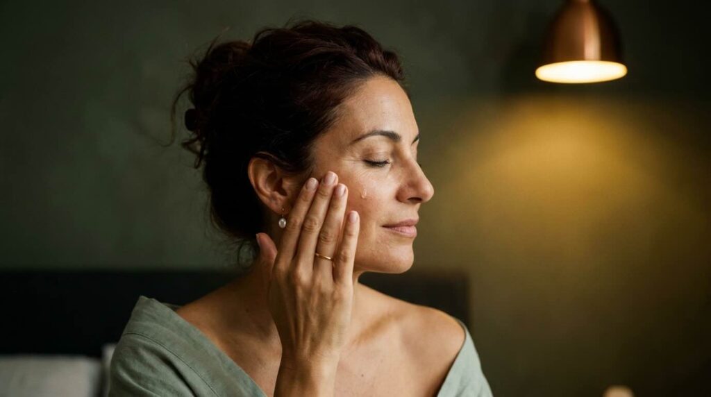Editorial side-profile portrait of a woman in her 40s gently pressing serum into her cheekbone with her fingertips, eyes softly closed, photographed in warm tungsten light against a deep olive wall
