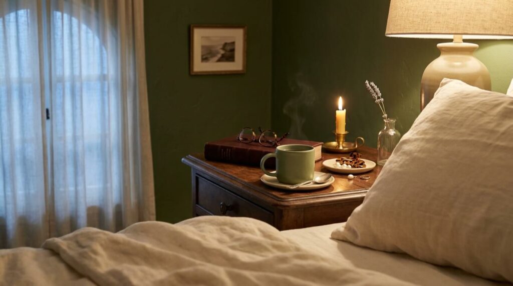 Aesthetic close-up of an unmade cream linen bed at night with a walnut bedside table holding a ceramic mug of chamomile tea, an open leather book, a small candle, and a linen-lined ceramic dish in warm lamp light