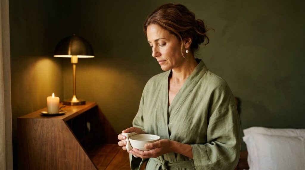 Editorial portrait of a woman in her 40s in a sage olive linen robe holding a small ceramic bowl, photographed in warm evening lamp light in a deep olive bedroom interior