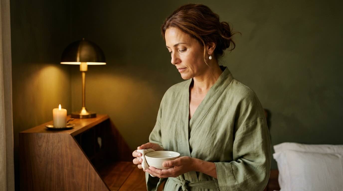 Editorial portrait of a woman in her 40s in a sage olive linen robe holding a small ceramic bowl, photographed in warm evening lamp light in a deep olive bedroom interior