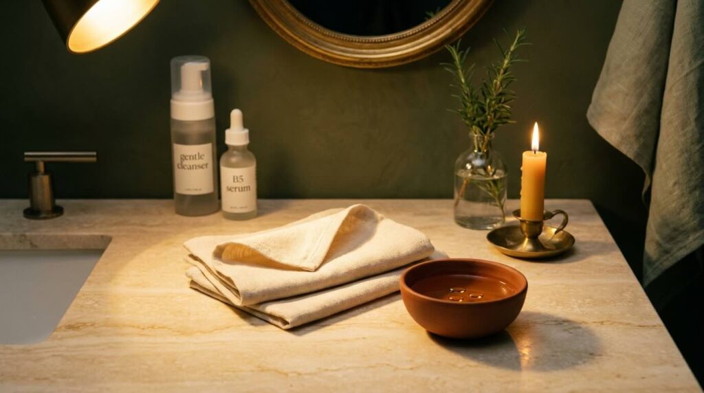 Aesthetic close-up of cream linen wash cloths folded on a warm marble vanity with a small ceramic bowl of water, a beeswax candle, and a sprig of fresh rosemary in soft warm lamp light