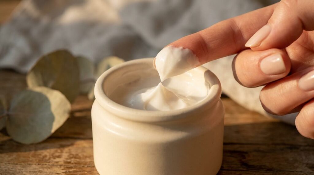 Close-up of rich ceramide cream texture being scooped from a small ceramic jar in warm light
