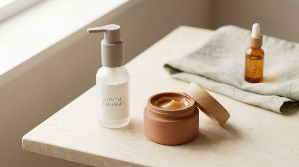 Gentle ceramide cleanser and rich barrier moisturiser on a soft cream surface in diffused morning light