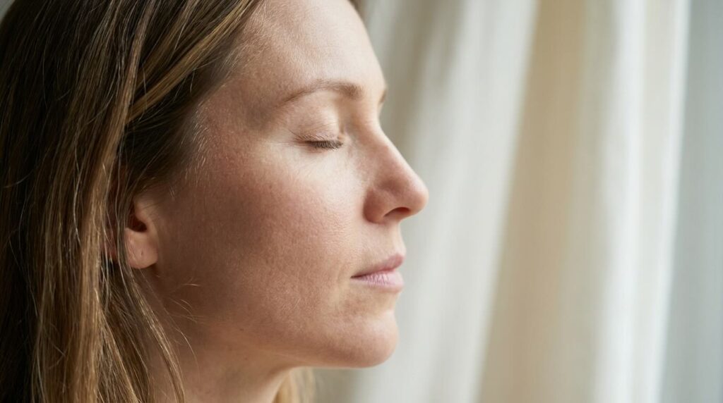 Close-up of mature skin with subtle dryness around the temple in soft daylight, illustrating the texture changes of psoriatic skin after 30
