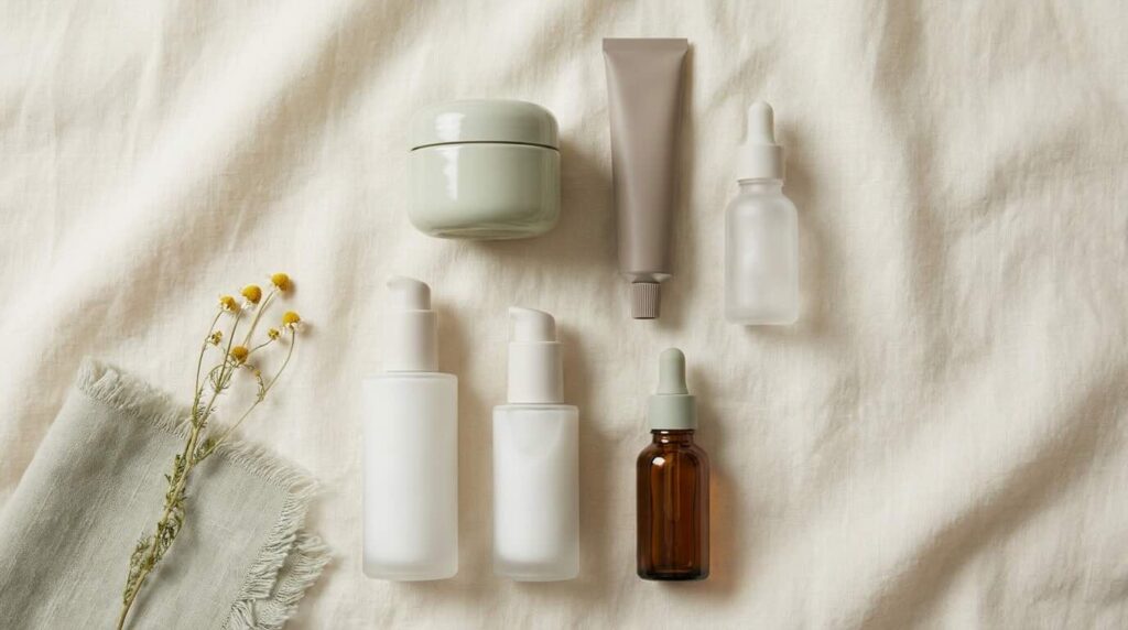 Six psoriasis-friendly skincare products arranged on soft cream linen in diffused morning light