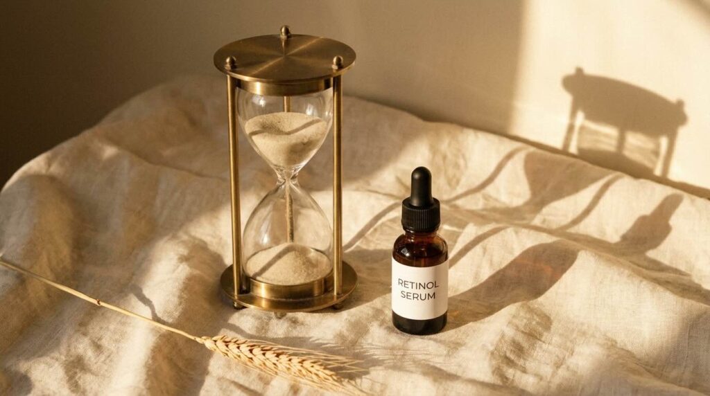 Vintage brass sand timer mid-flow on a cream linen surface beside a small amber bottle of retinol serum, symbolising the patience retinol requires