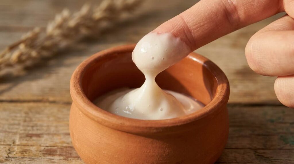 Close-up of a creamy ceramide moisturiser texture being scooped from a small ceramic jar, with rich peaks and swirls catching warm light