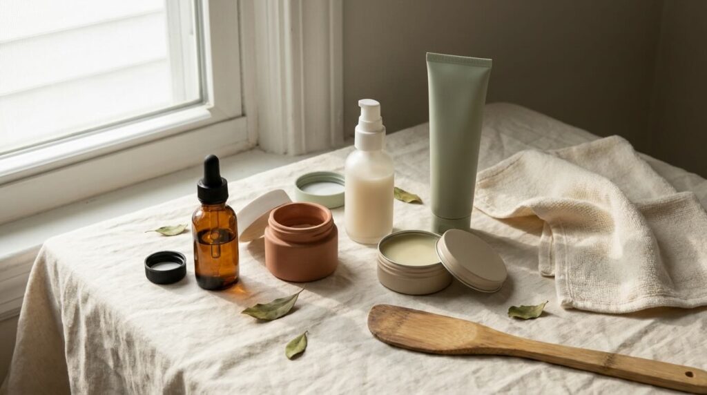 Five skincare products clustered on a soft cream surface with caps off and used, photographed from a low oblique angle to show real-world use rather than pristine display