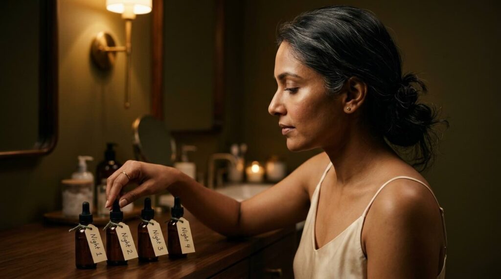 Editorial three-quarter profile portrait of a South Indian Tamil woman in her late 30s seated at her bathroom vanity at night with four small amber dropper bottles labelled Night 1 through Night 4 arrayed in front of her and her hand reaching to select Night 2 in soft warm tungsten light against a deep olive wall